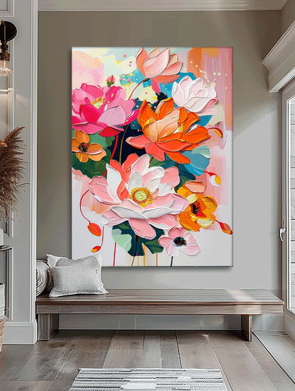 Vibrant Floral Oil Painting - Colorful Canvas Art for Home Decor and Wall Aesthetics