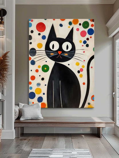 Whimsical Black Cat Oil Painting with Colorful Abstract Background