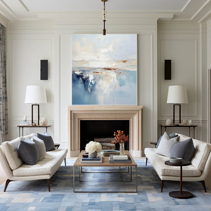 Serene Coastal Abstract Oil Painting with Blue and Cream Hues for Modern Decor