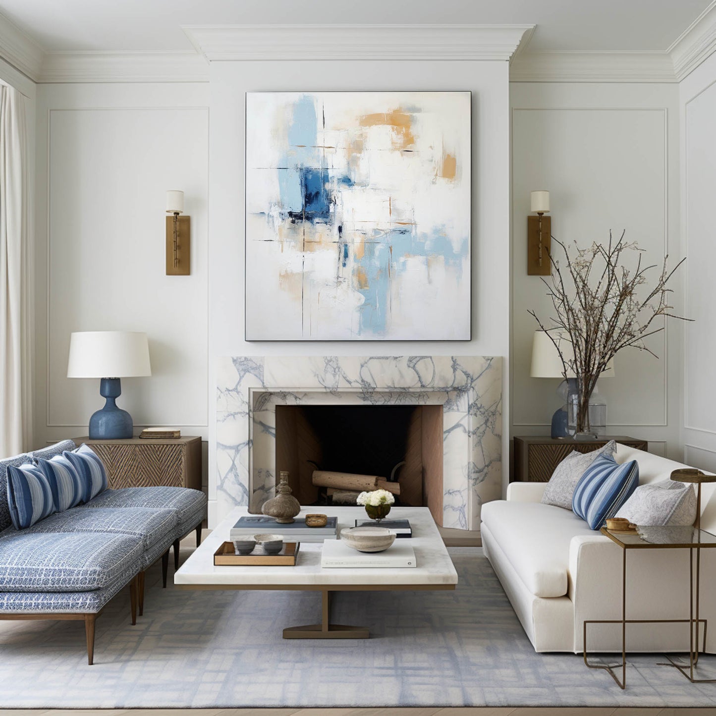 Contemporary Blue and Gold Abstract Oil Painting for Modern Home Decor
