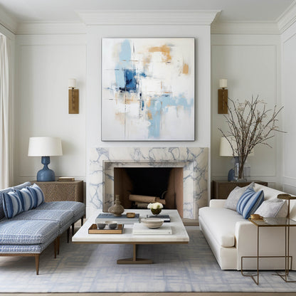 Contemporary Blue and Gold Abstract Oil Painting for Modern Home Decor