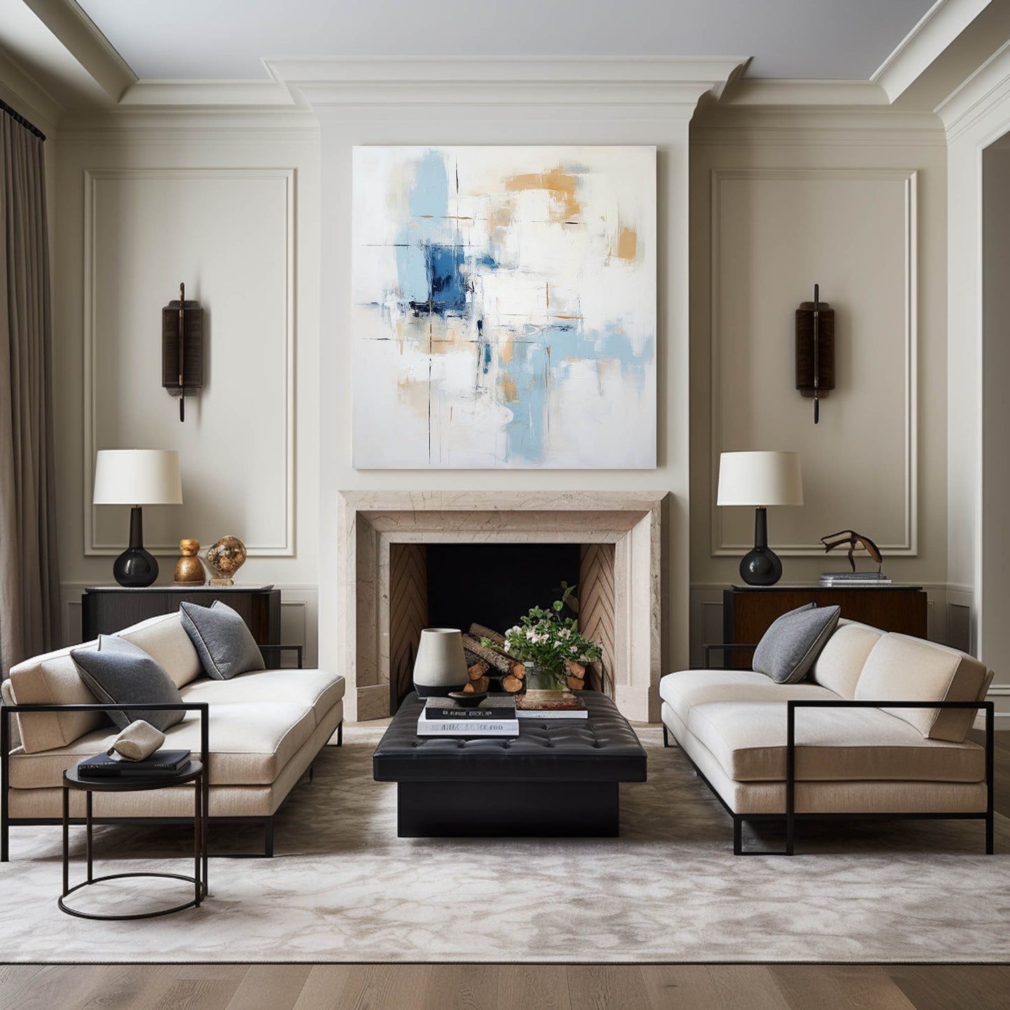 Contemporary Blue and Gold Abstract Oil Painting for Modern Home Decor