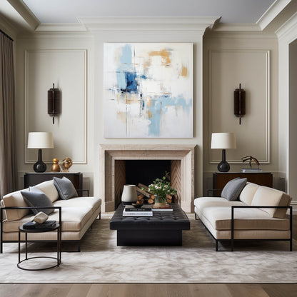 Contemporary Blue and Gold Abstract Oil Painting for Modern Home Decor