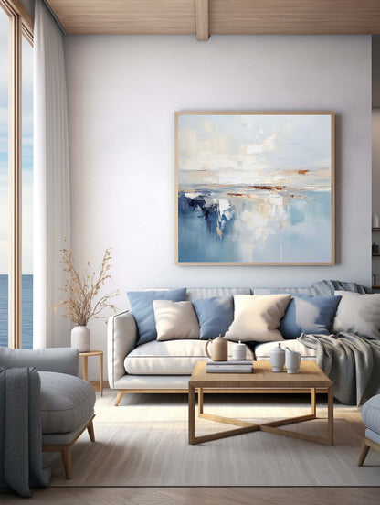 Serene Coastal Abstract Oil Painting with Blue and Cream Hues for Modern Decor