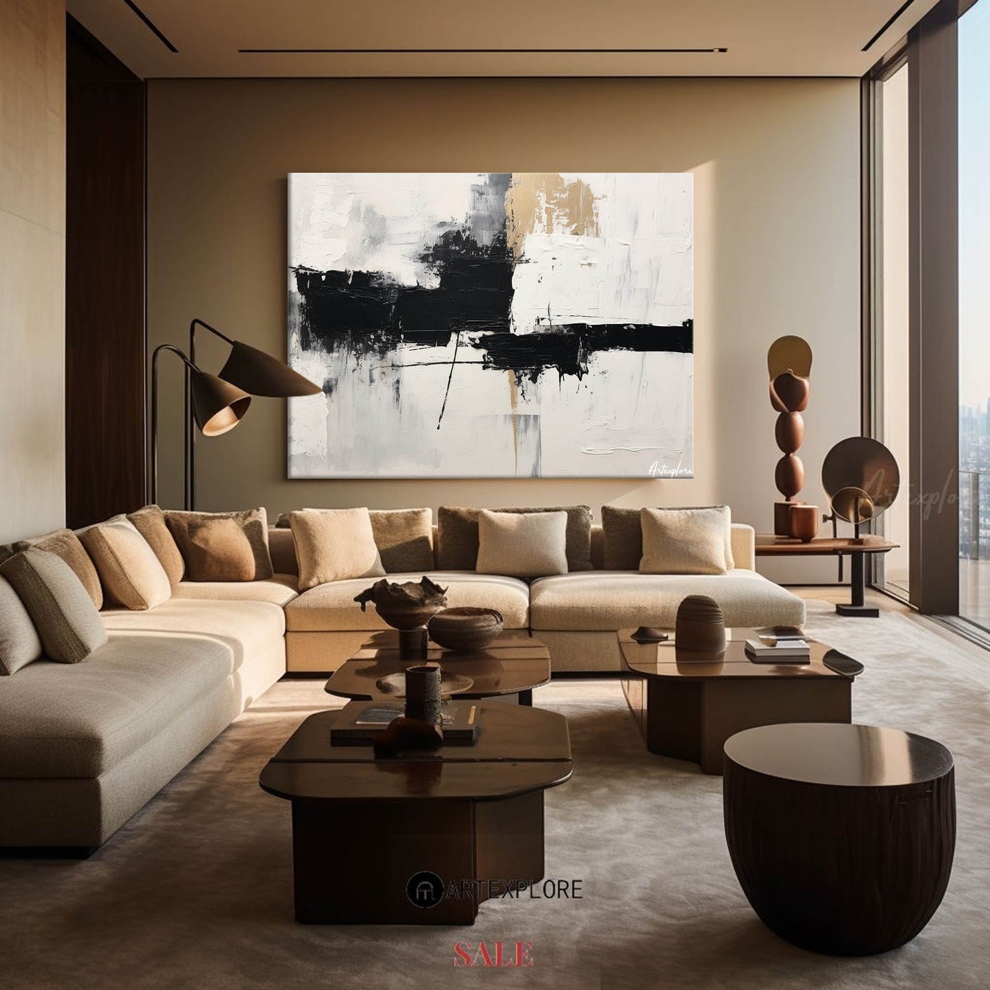 Contemporary Black and White Abstract Oil Painting for Modern Home Decor