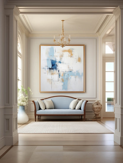 Contemporary Blue and Gold Abstract Oil Painting for Modern Home Decor