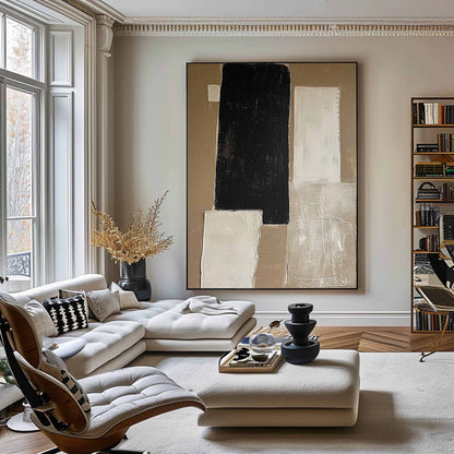 Elegant Minimalist Black and White Abstract Oil Painting for Modern Home Decor