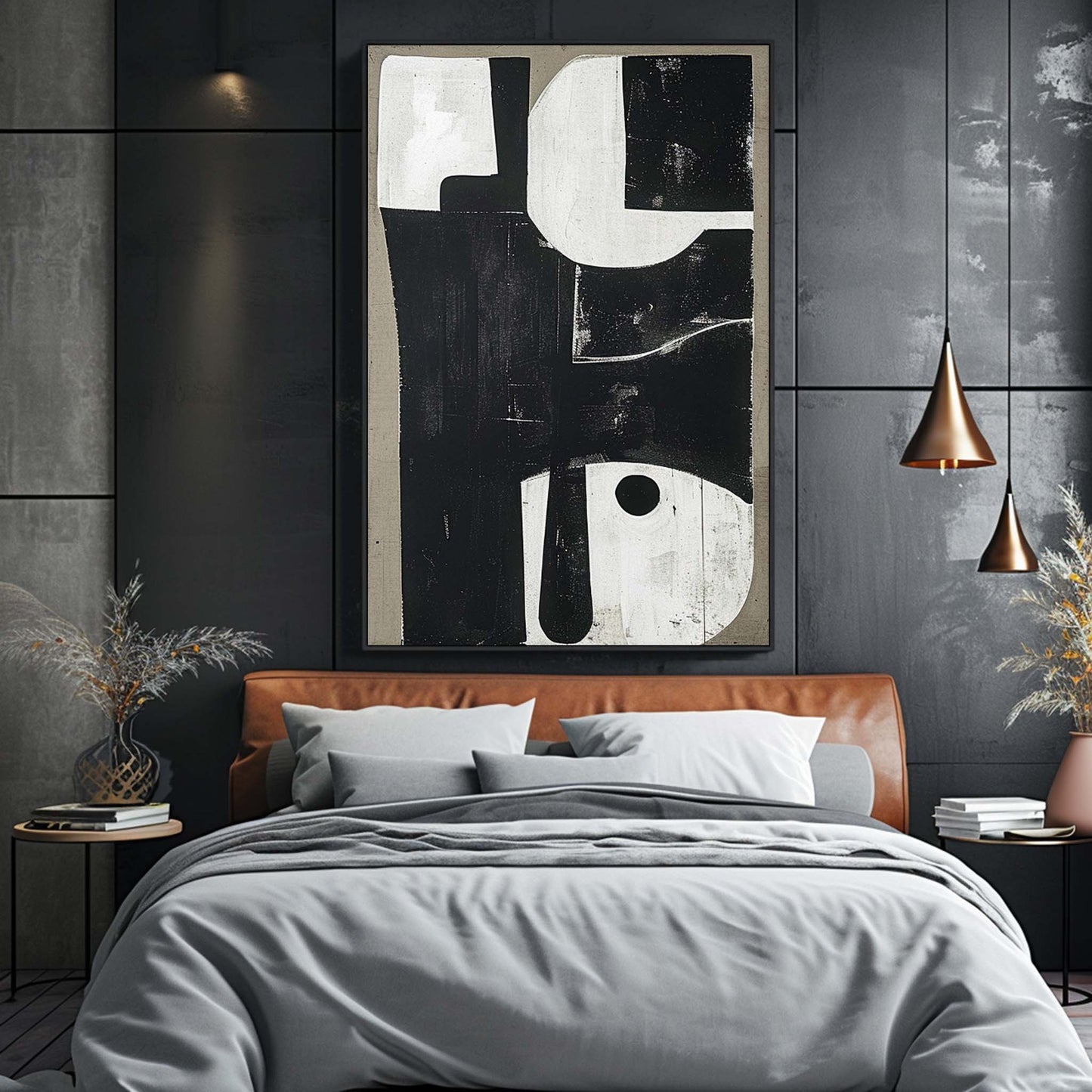 Stylish Black and White Minimalist Abstract Oil Painting for Modern Decor