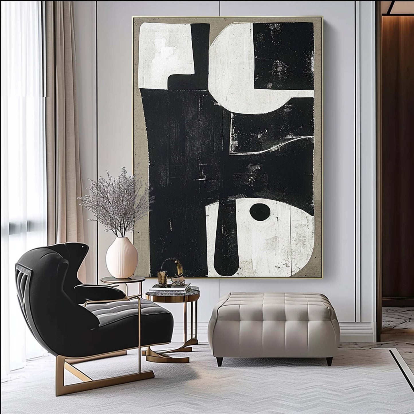 Stylish Black and White Minimalist Abstract Oil Painting for Modern Decor