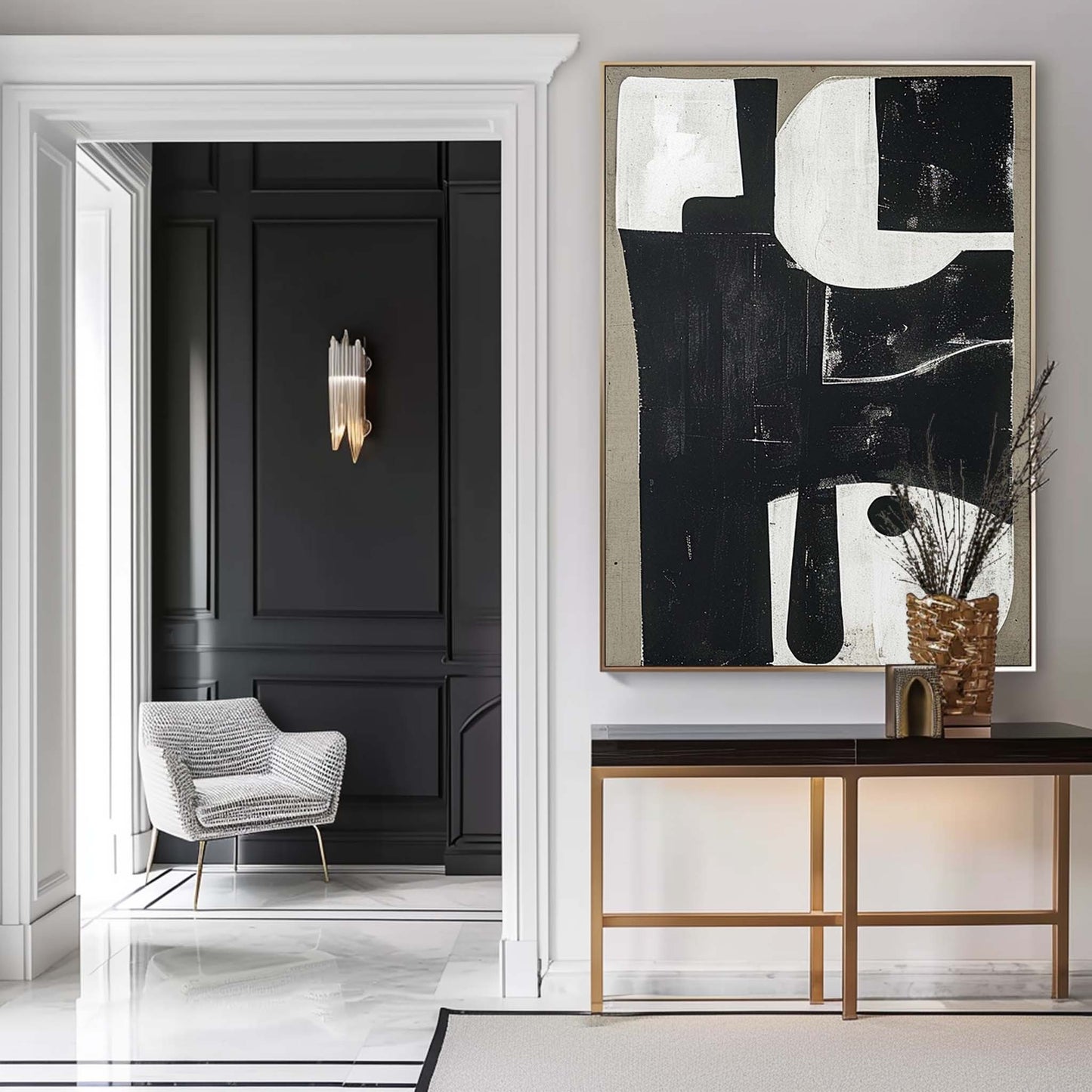 Stylish Black and White Minimalist Abstract Oil Painting for Modern Decor