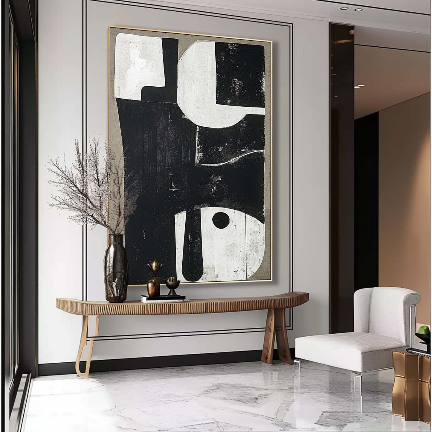 Stylish Black and White Minimalist Abstract Oil Painting for Modern Decor
